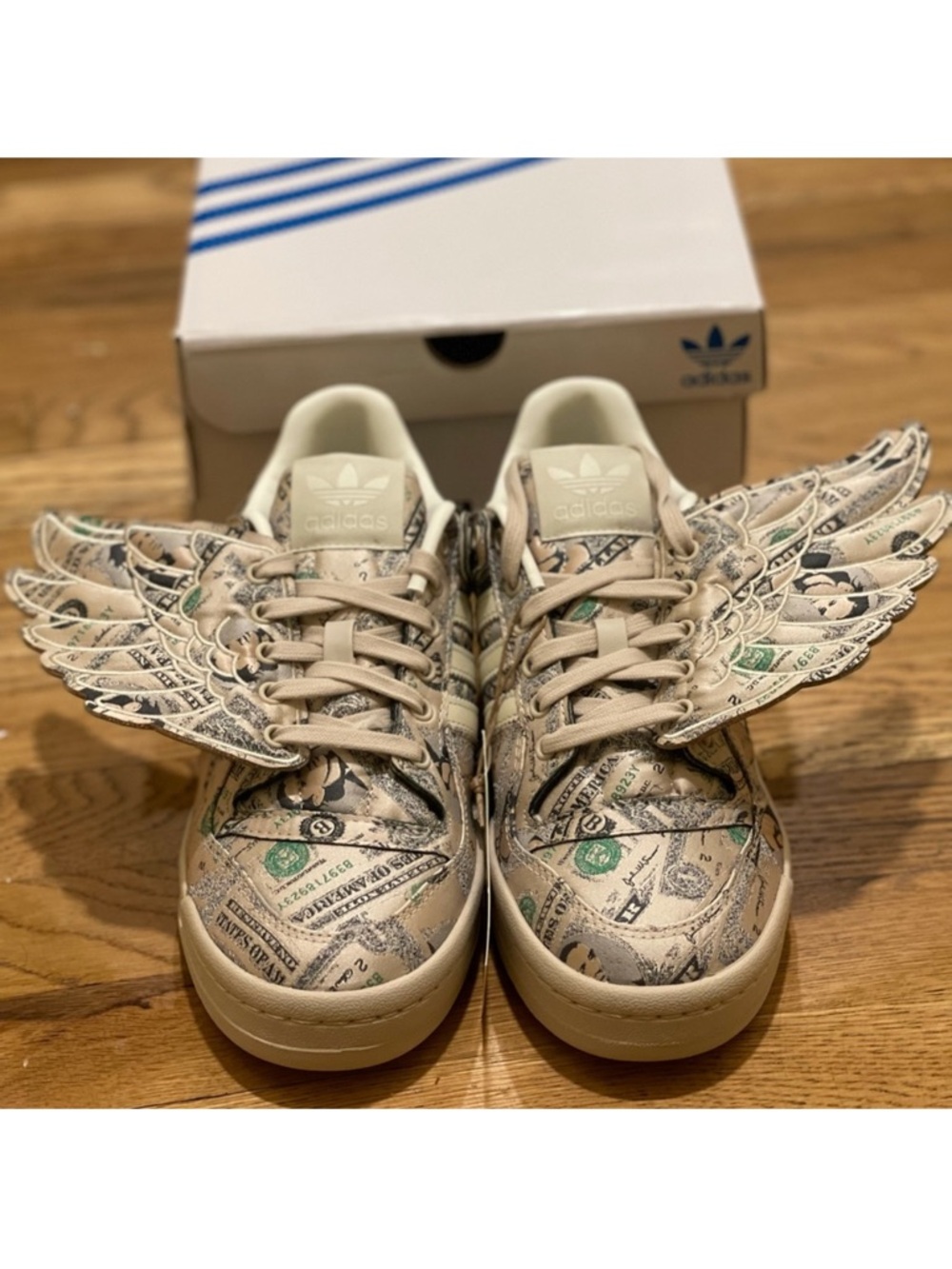 adidas Jeremy Scott Winged Money-Print Sneakers - Cream size 7mens